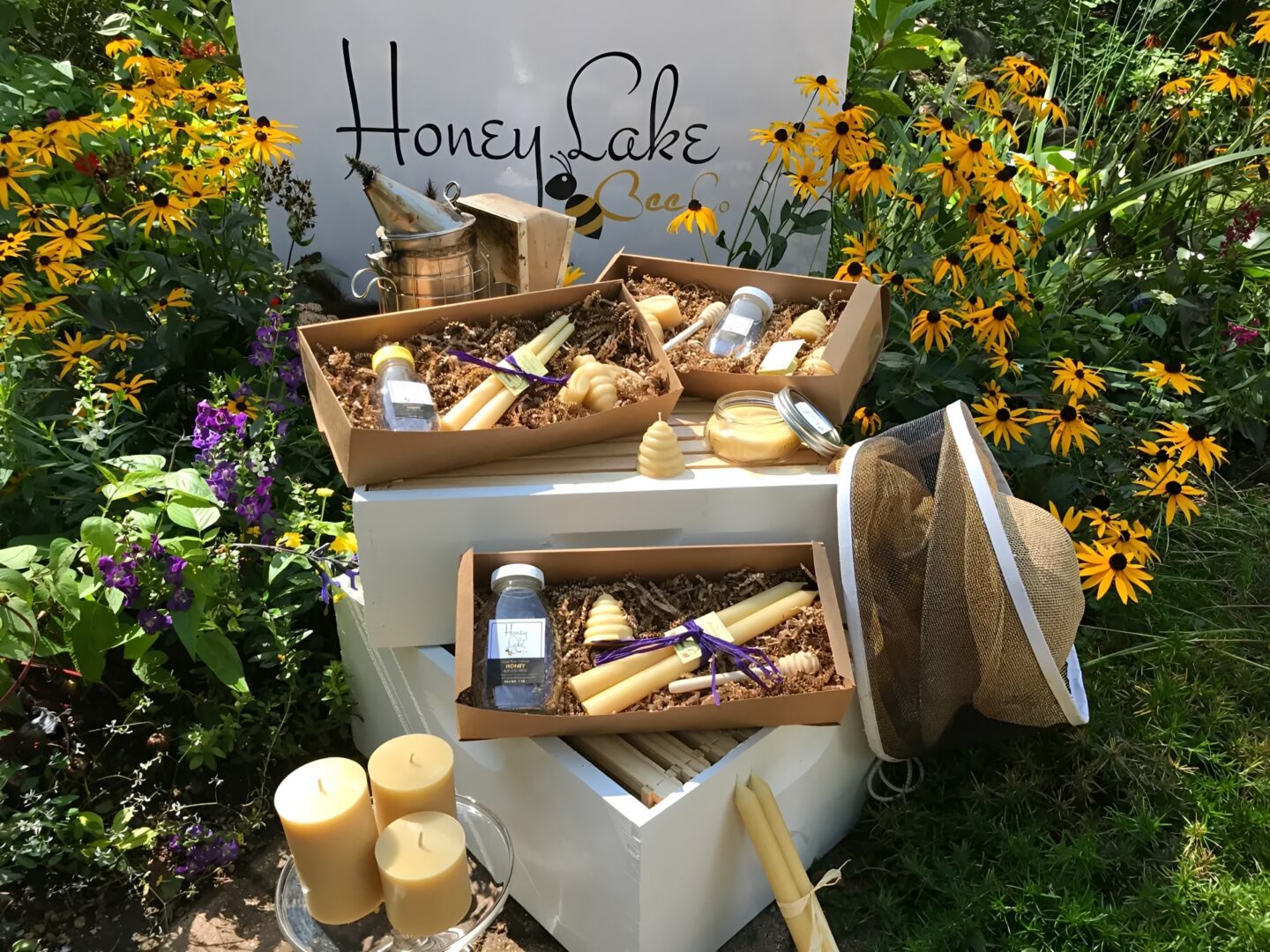Outdoor honey-themed gift arrangement