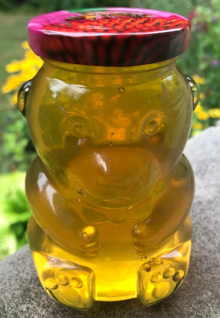 Cute bear honey container outdoors