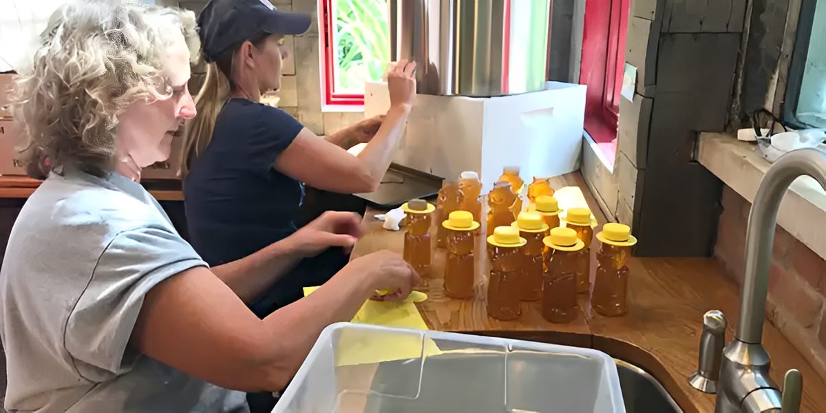 Two women processing honey jars