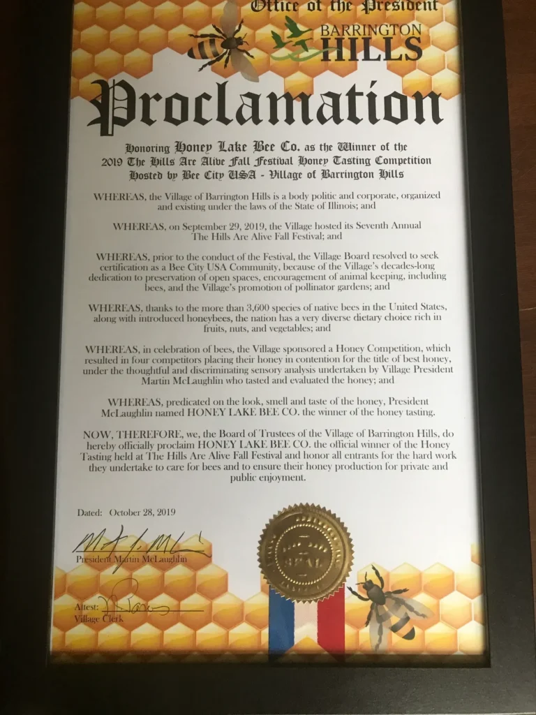 Official document honoring Honey Lake Bee Co.