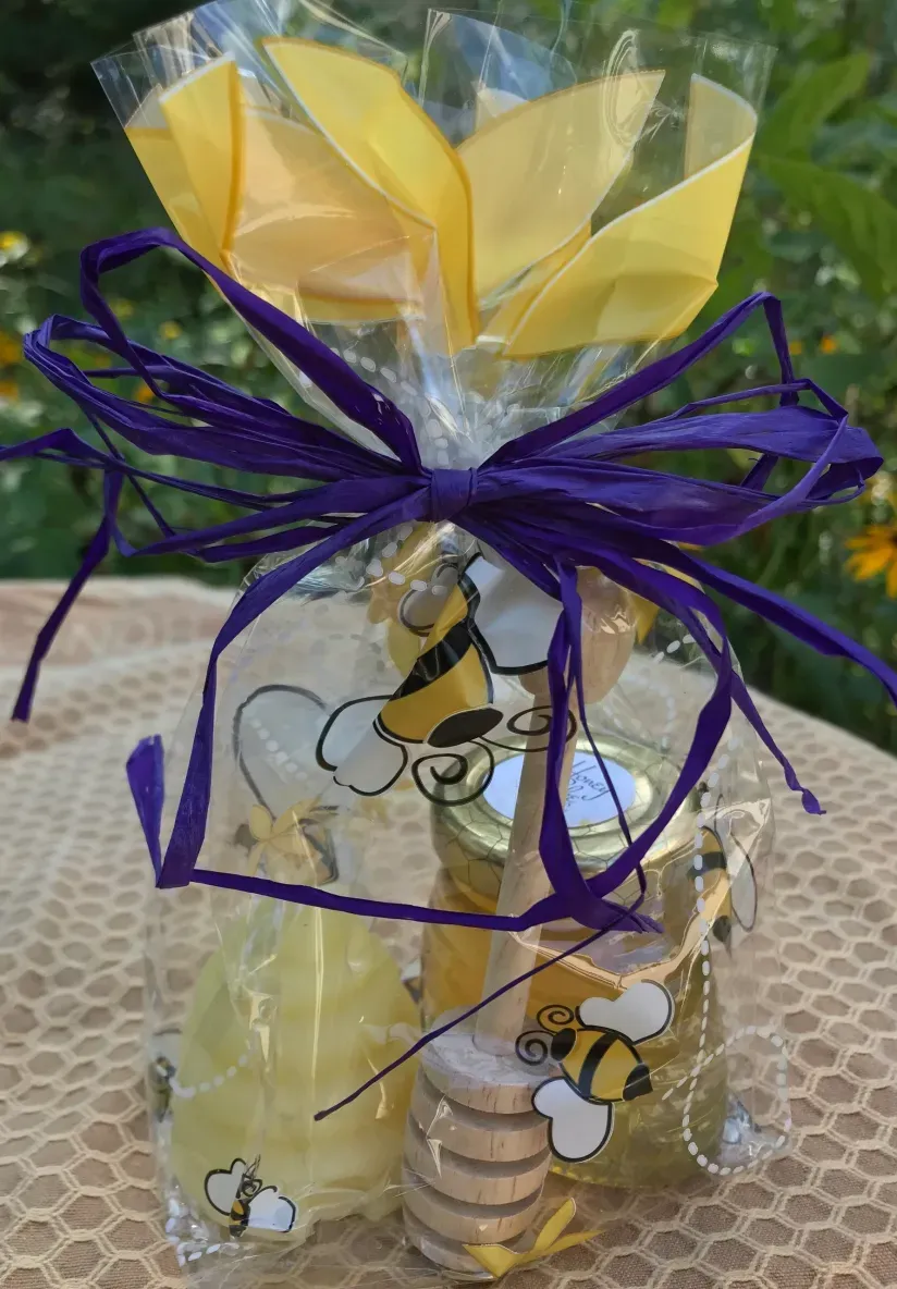 Yellow and purple bee-themed gift bag