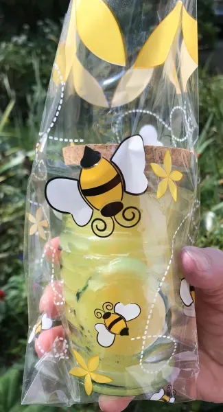 Hand holding a bee-decorated jar