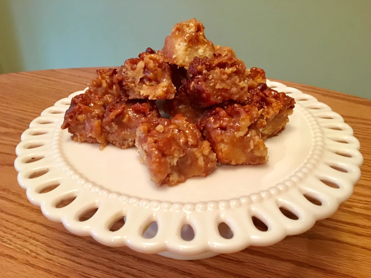 Crunchy dessert squares on table
