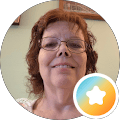 Smiling woman with star badge icon